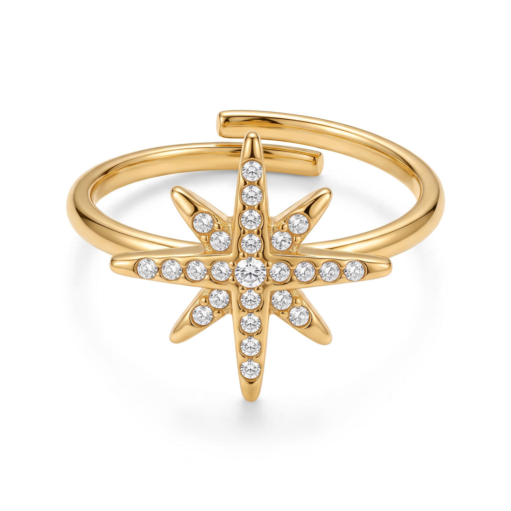 Bague Snow dorée ajustable en acier inoxydable 316L avec étoile sertie de strass
