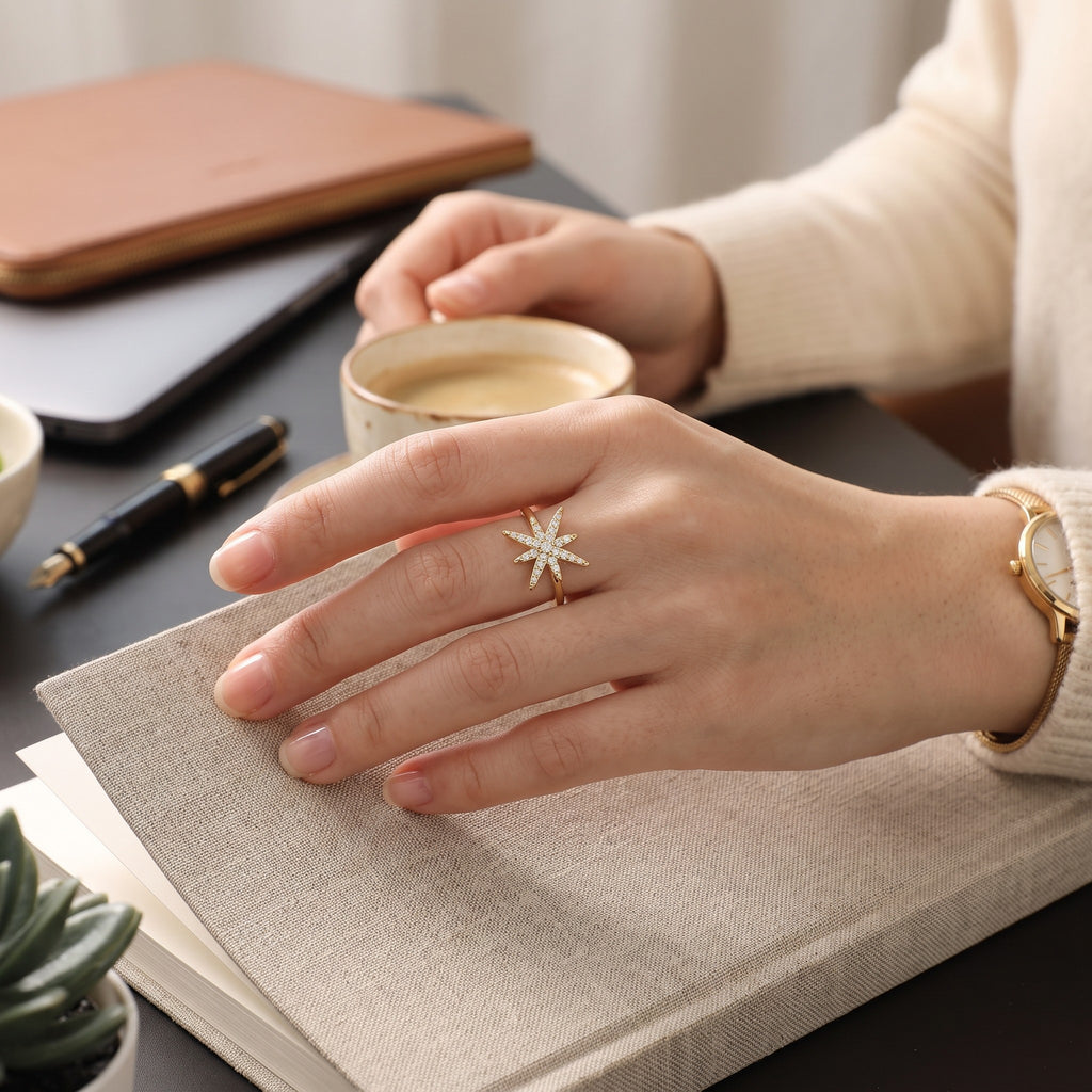 Bague Snow dorée ajustable en acier inoxydable 316L portée, étoile à strass