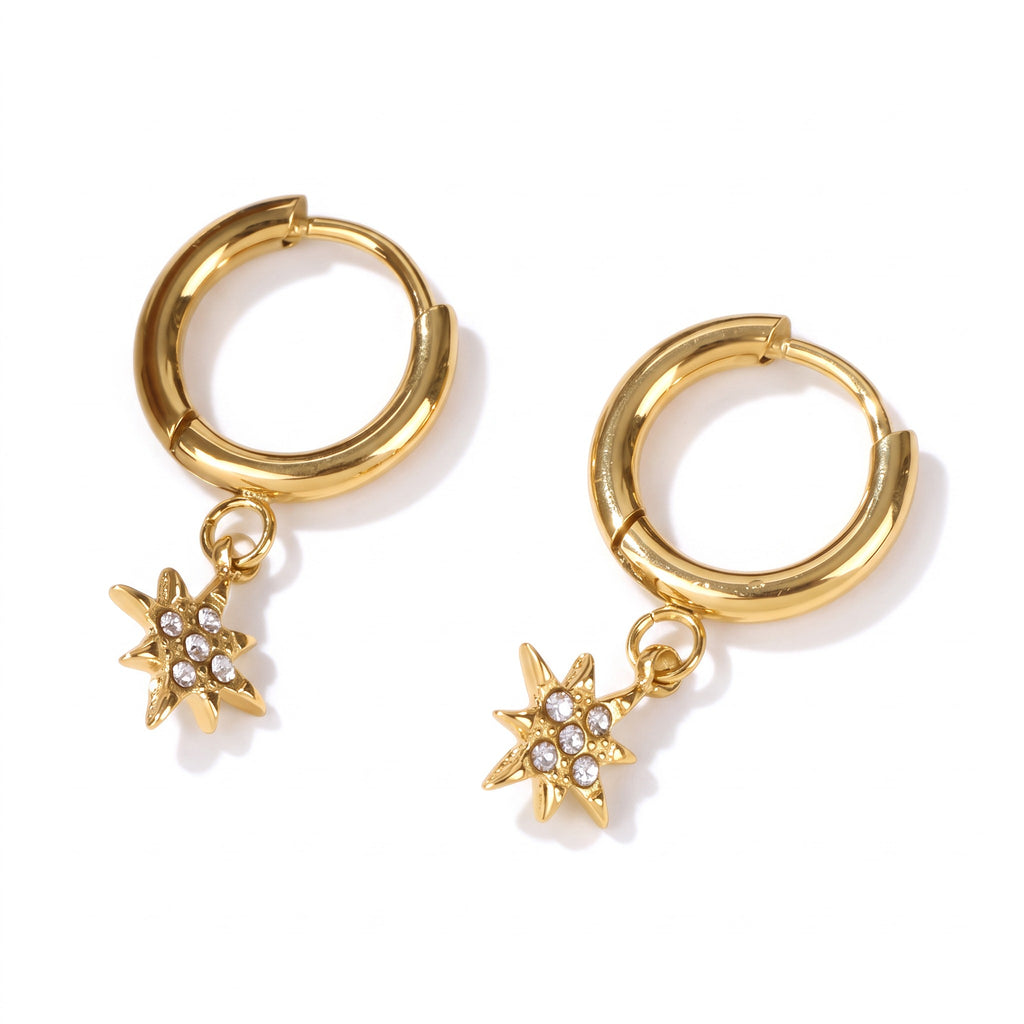 Boucles d’oreilles Snow argentées en acier inoxydable 316L, créoles avec étoile pendante à strass