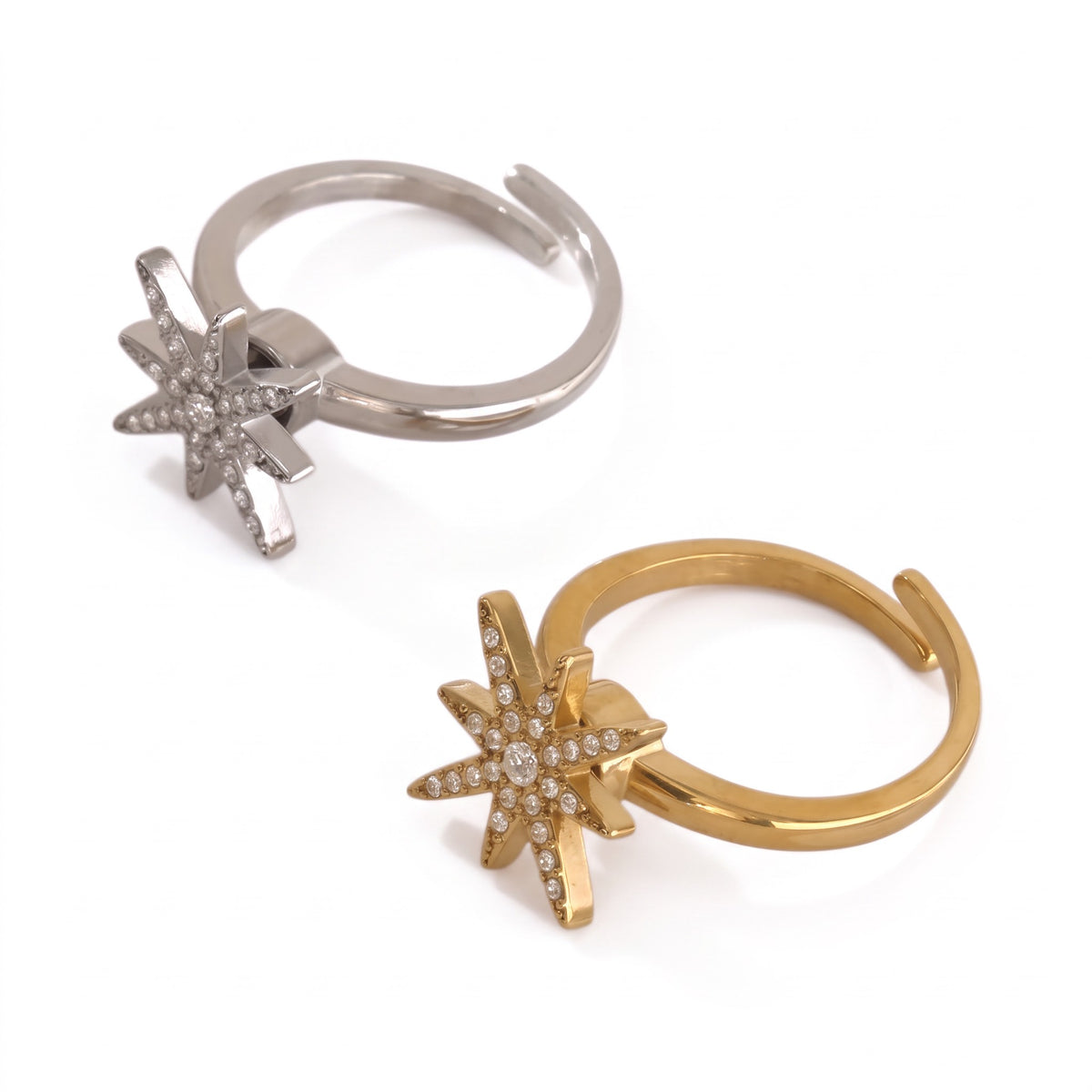 Bague Snow anti-stress argentée ajustable en acier inoxydable 316L avec étoile à strass