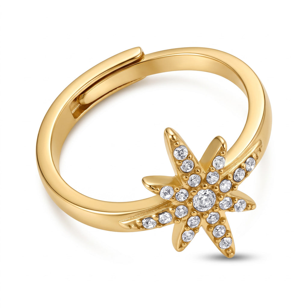 Bague Snow dorée ajustable en acier inoxydable 316L avec étoile décentrée sertie de strass