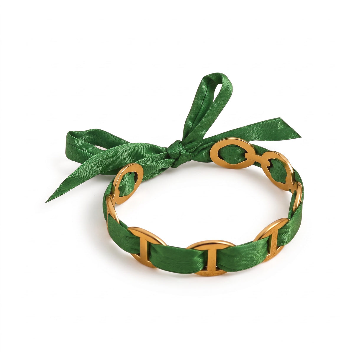 Jonc Arya en acier inoxydable 316L à mailles marine avec foulard vert