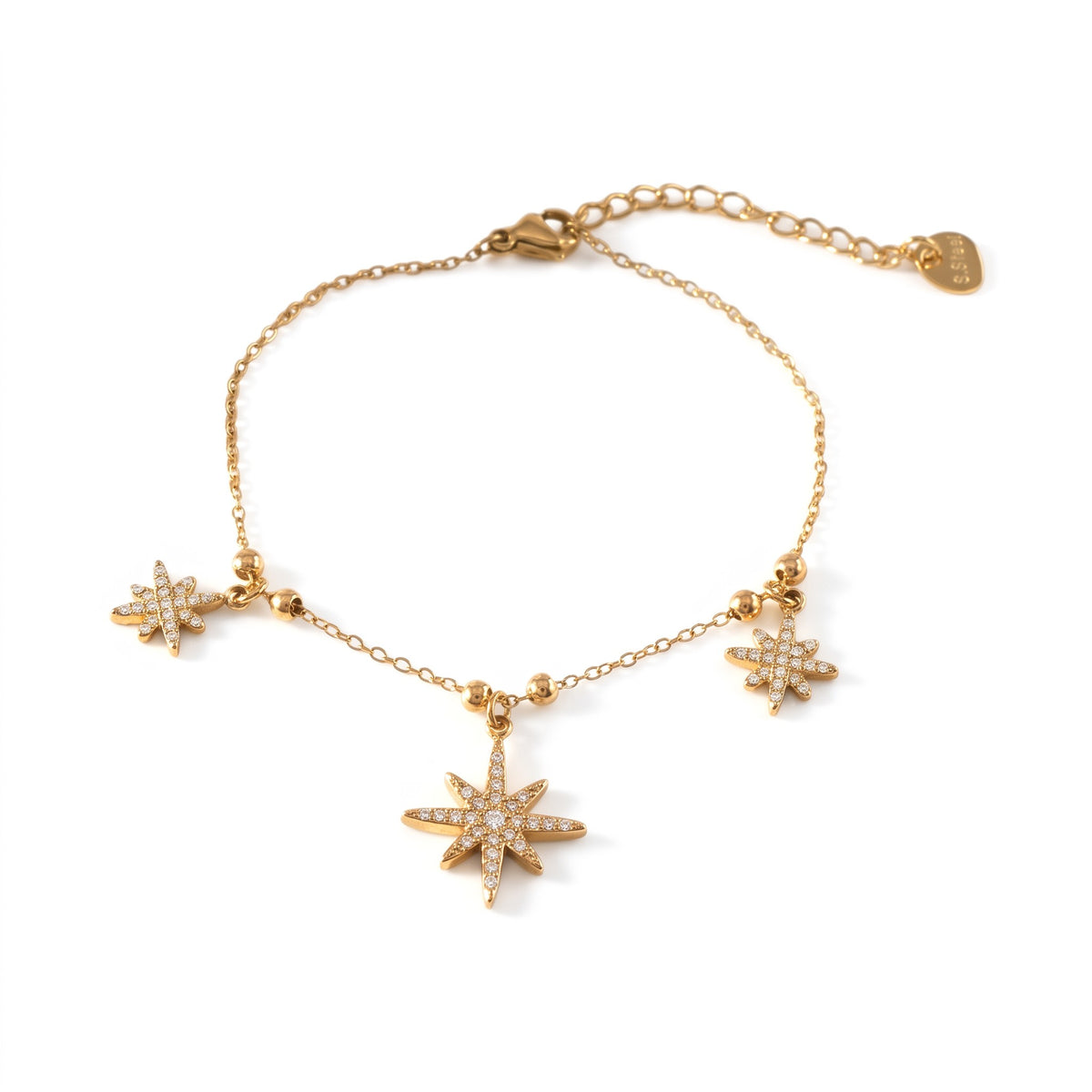 Bracelet Snow doré en acier inoxydable 316L avec étoiles pendantes serties de strass