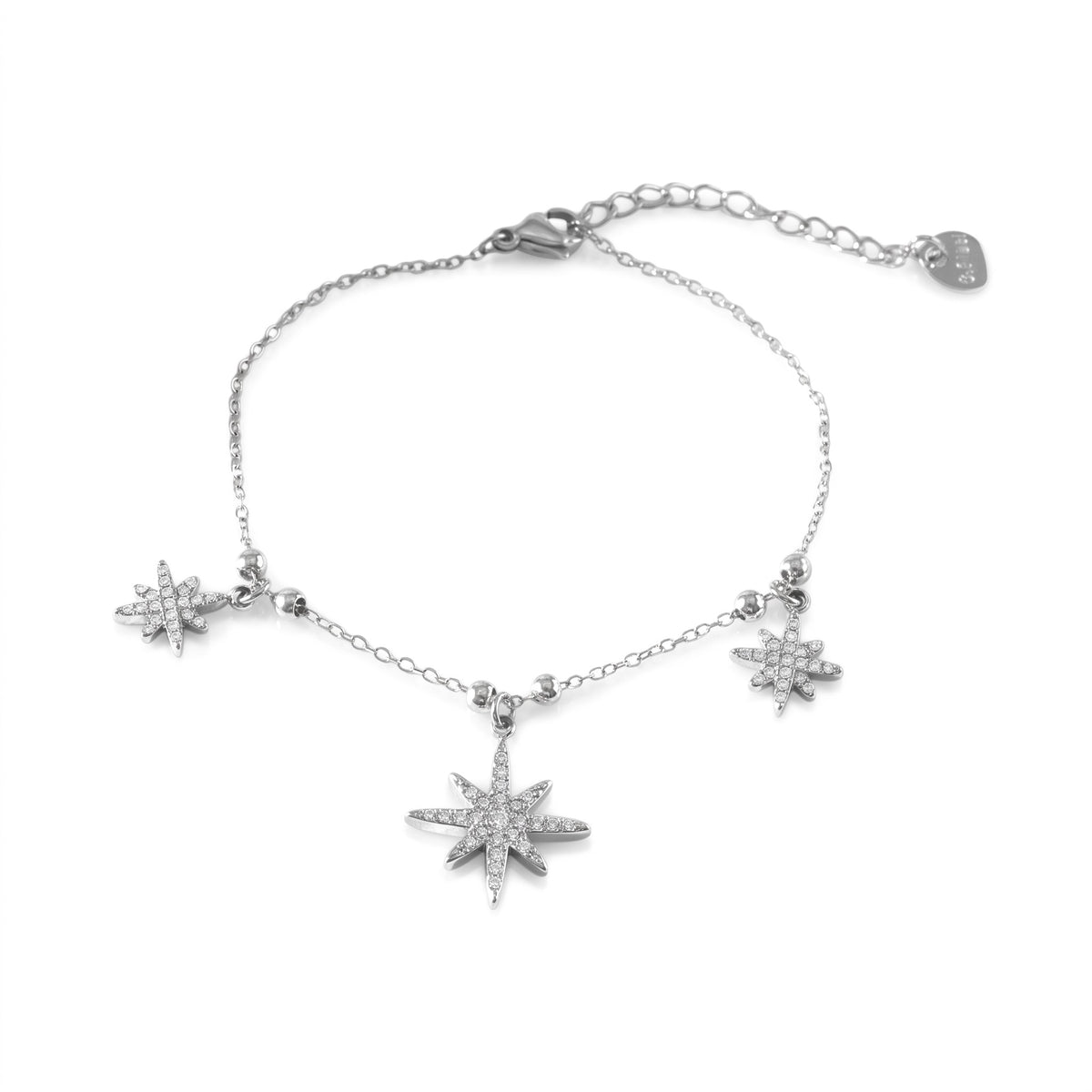 Bracelet Snow étoiles pendantes en acier inoxydable 316L, détail des strass