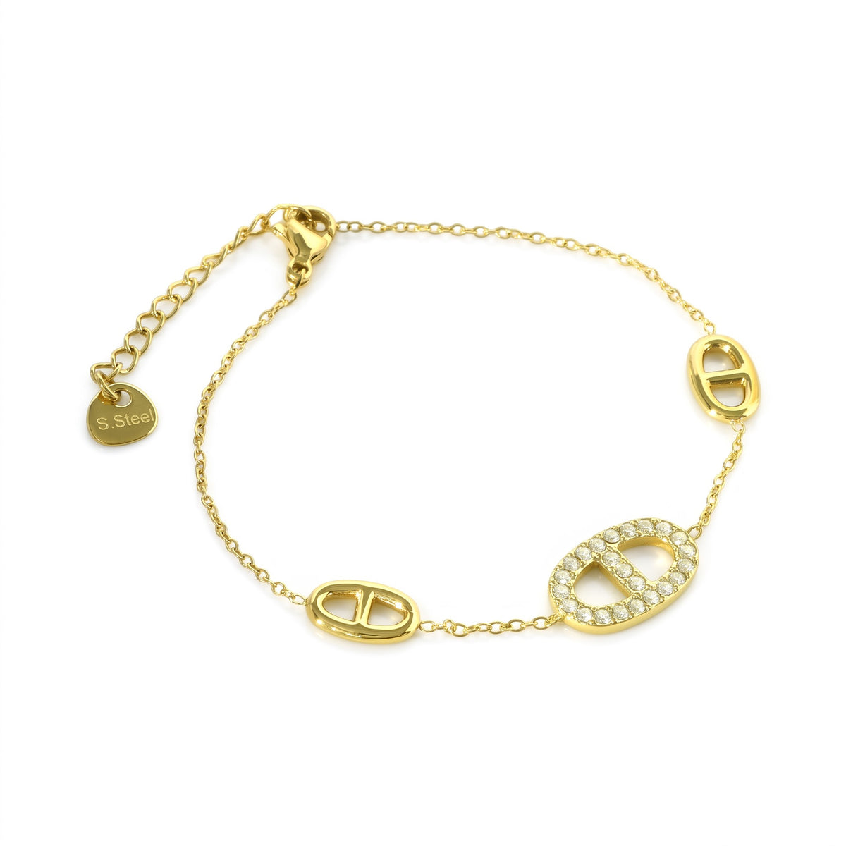 Bracelet Lisa doré en acier inoxydable 316L avec motif central serti de strass