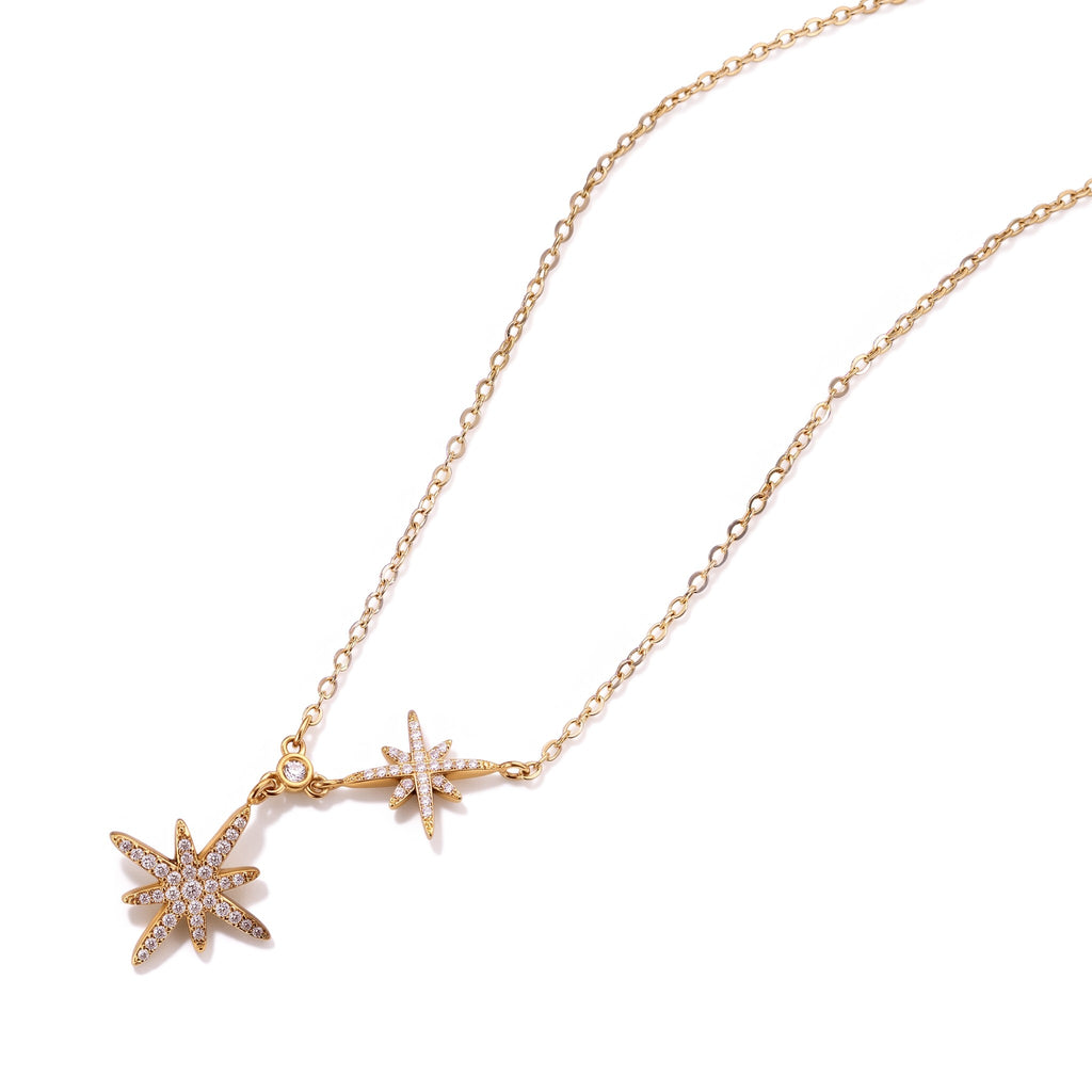 Collier Snow doré en acier inoxydable 316L avec double étoile sertie de strass