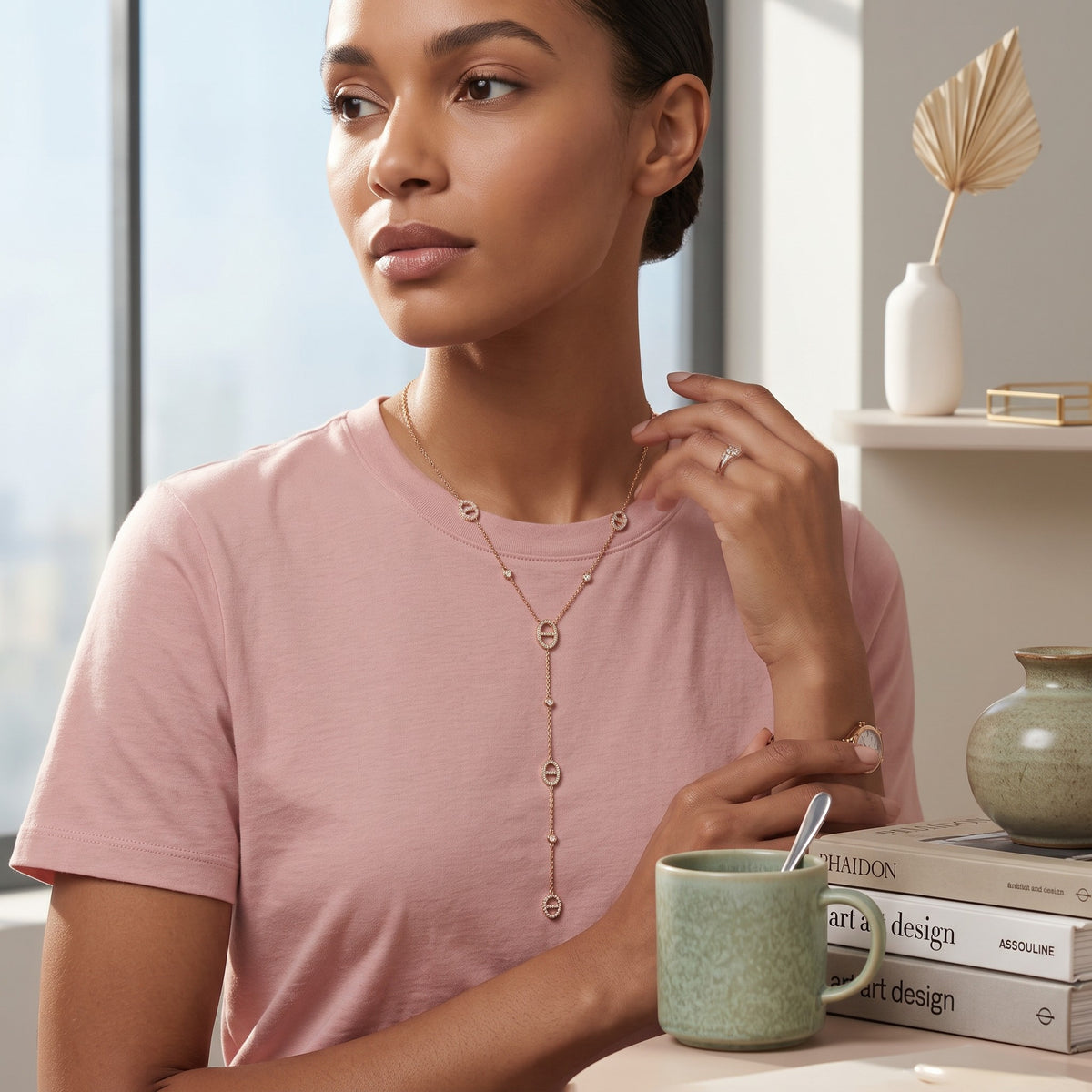 Collier Diana en Y doré en acier inoxydable 316L porté au décolleté