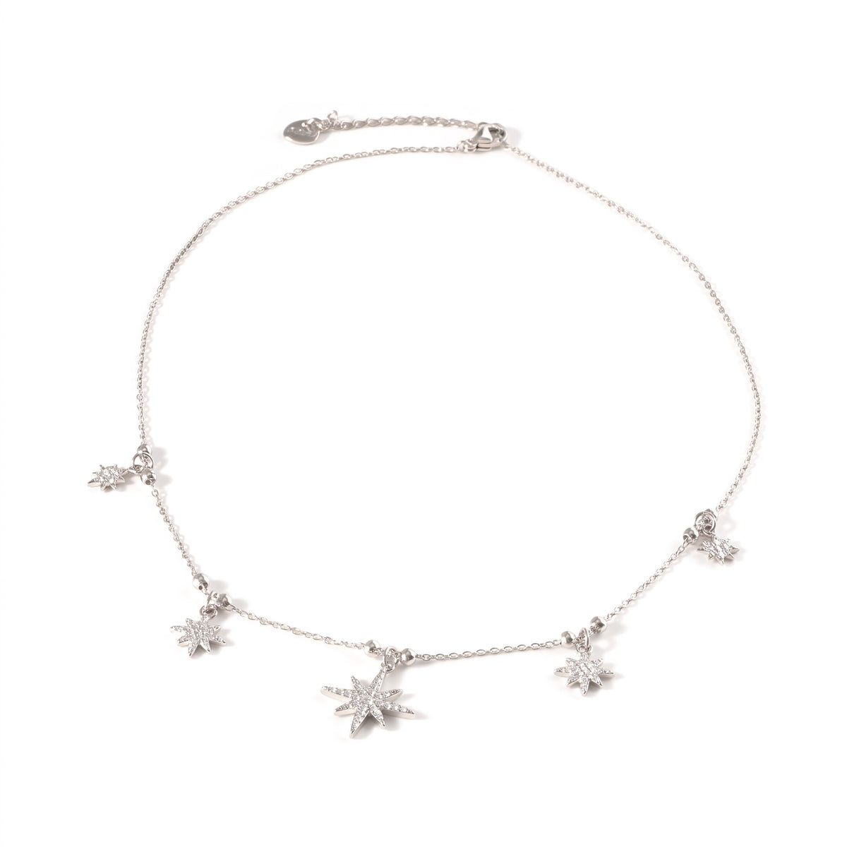 Collier Snow étoiles pendantes en acier inoxydable 316L, détail des étoiles serties de strass