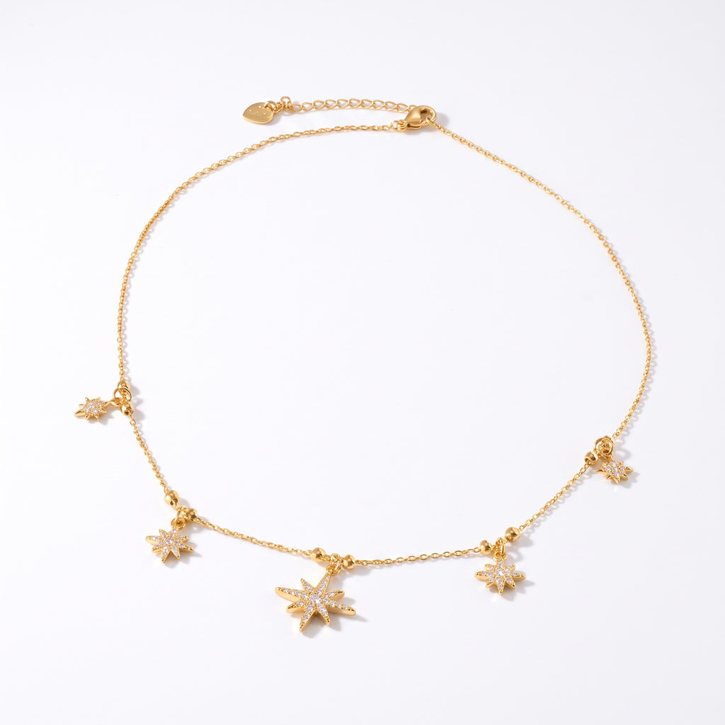 Collier Snow argenté en acier inoxydable 316L avec cinq étoiles pendantes à strass