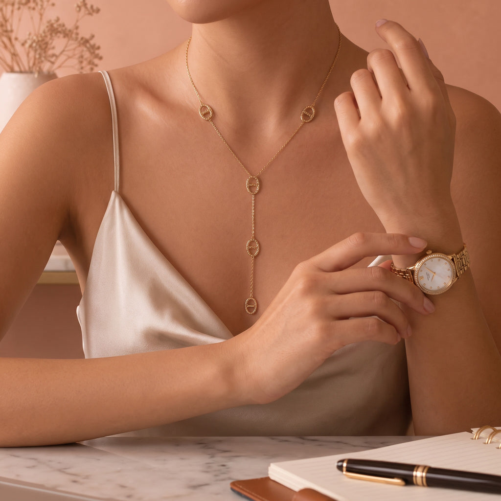 Collier Gaia en Y martelé en acier inoxydable 316L porté au décolleté