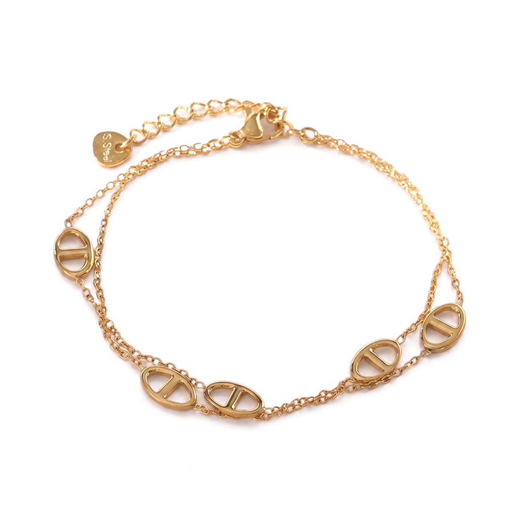 Bracelet Arya doré en acier inoxydable 316L à double chaîne et maillons graphiques