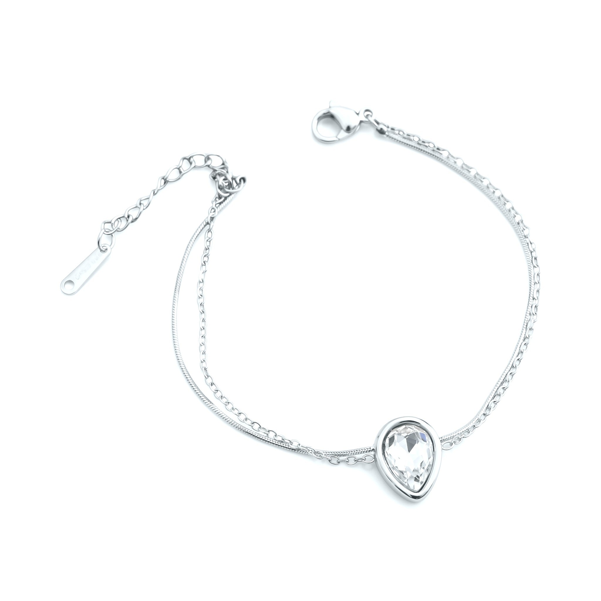 Bracelet Double Chaîne Argenté et Strass Goutte
