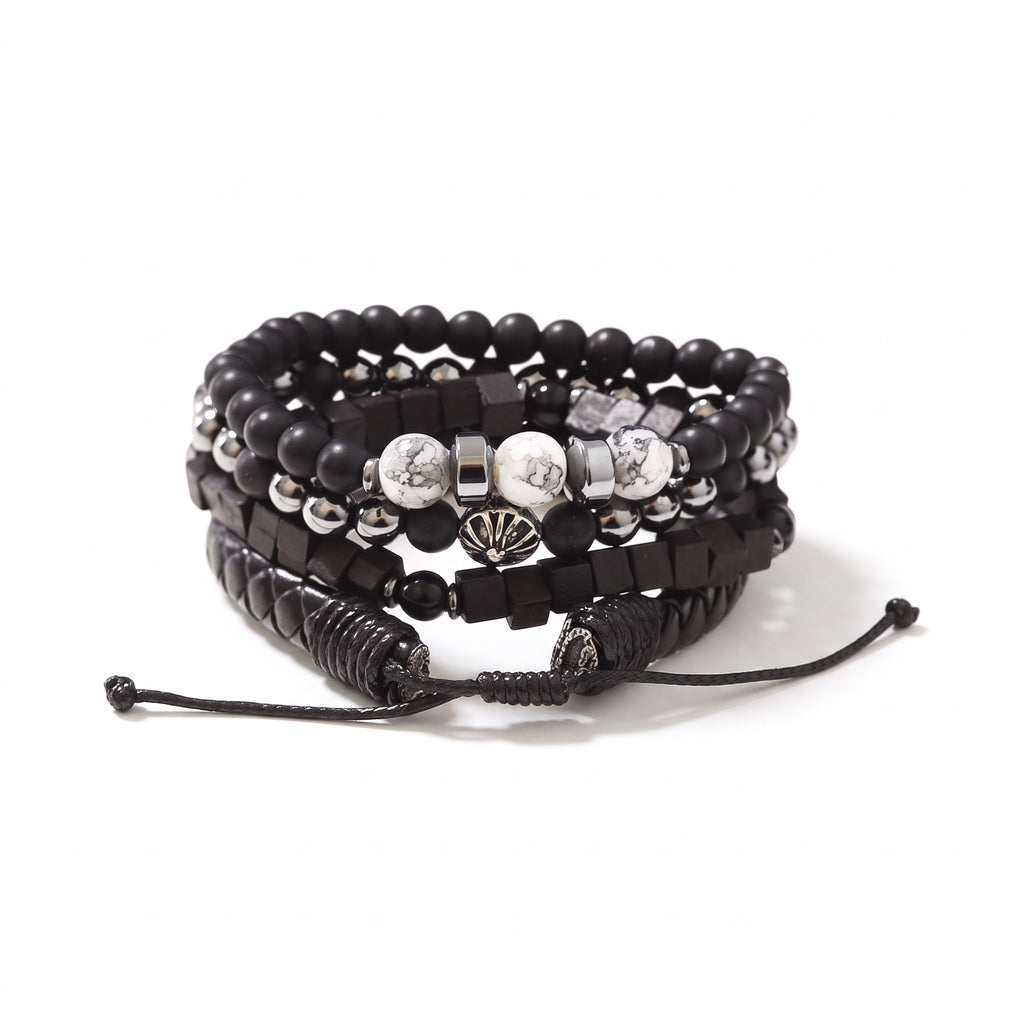 Set de 4 bracelets homme pierres, bois & cuir | Acier inoxydable 316L