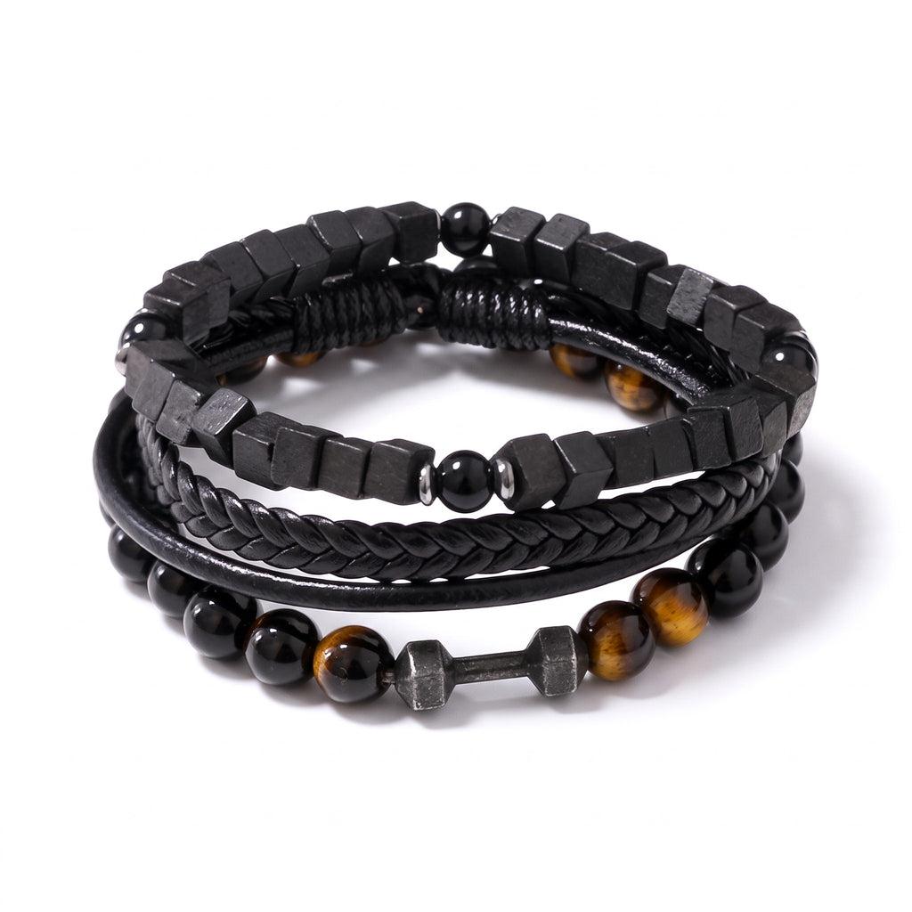 Set de 3 bracelets homme pierres, bois & cuir | Acier inoxydable 316L