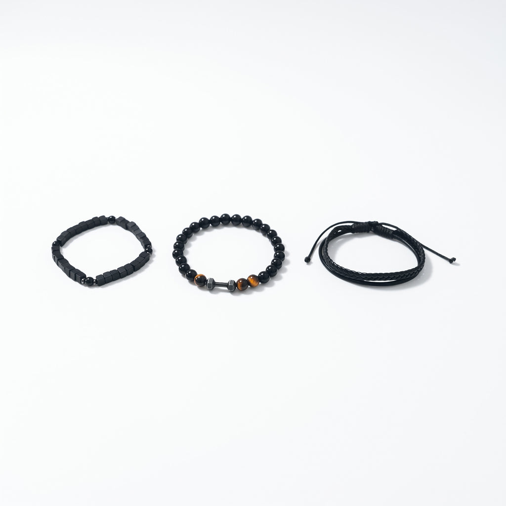 Set de 3 bracelets homme pierres, bois & cuir | Acier inoxydable 316L