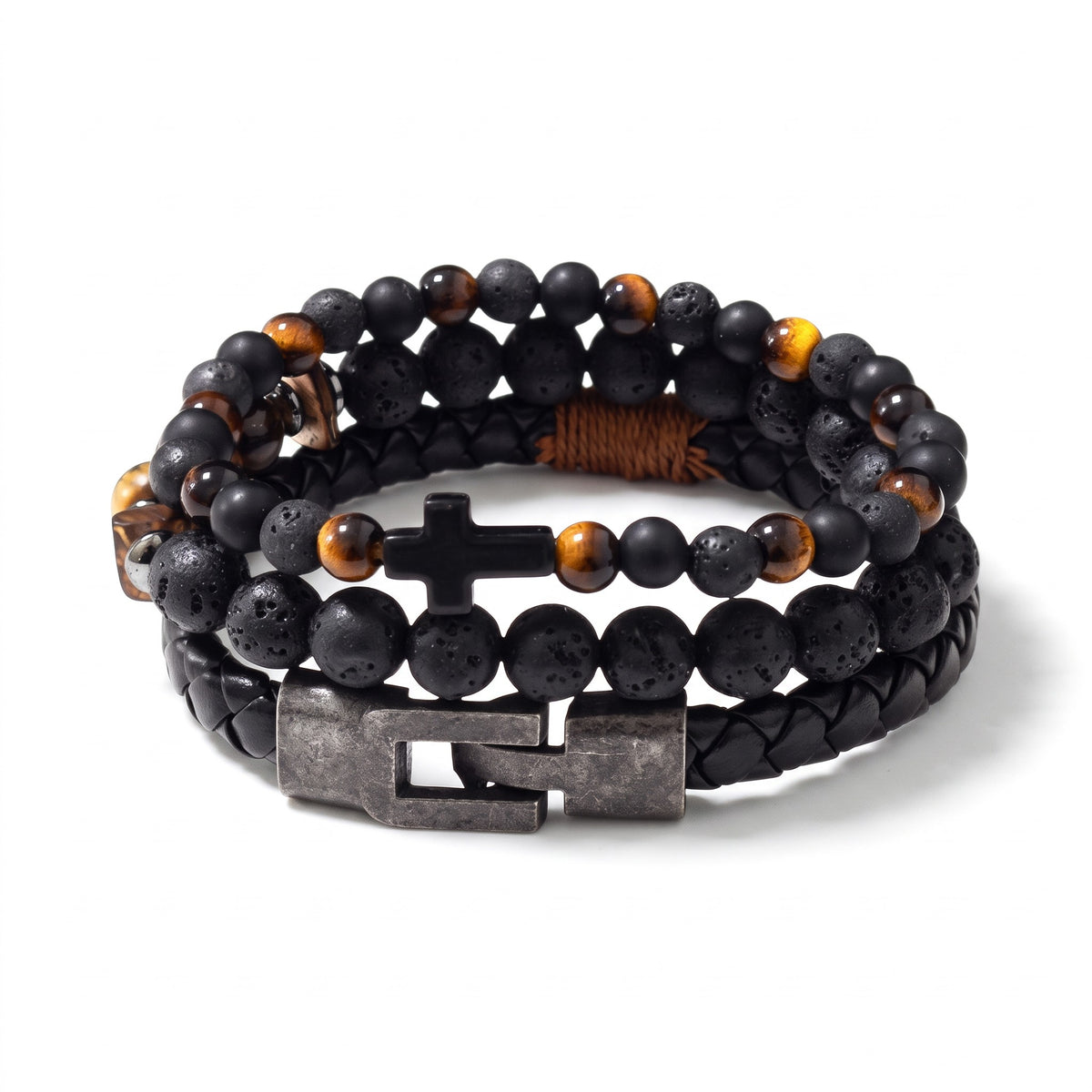 Set de 3 bracelets homme cuir & pierres naturelles | Acier inoxydable 316L