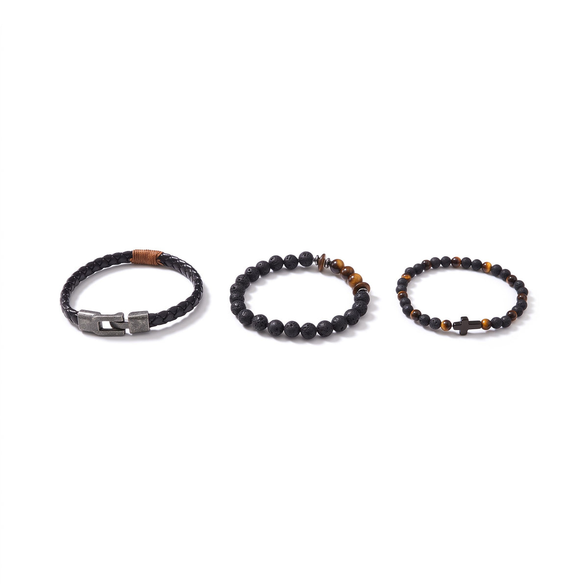 Set de 3 bracelets homme cuir & pierres naturelles | Acier inoxydable 316L