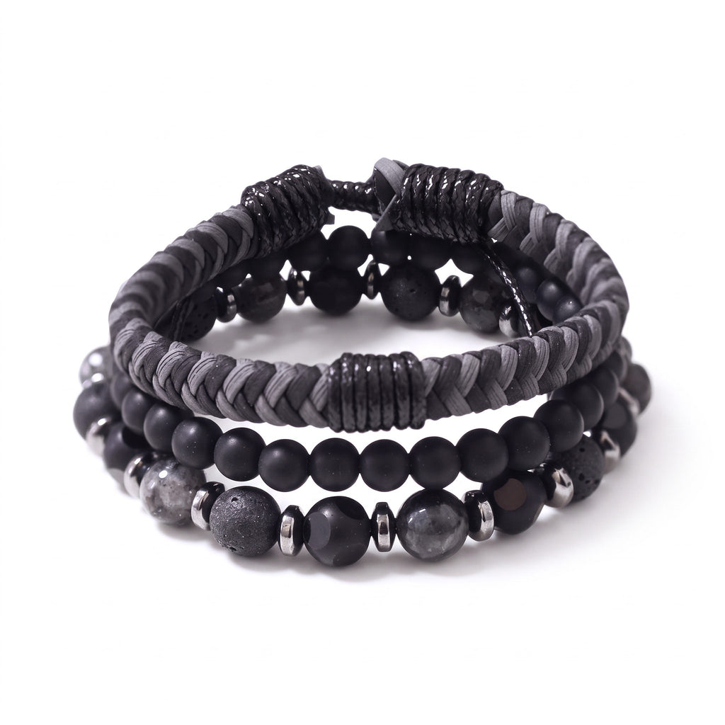 Set de 3 bracelets homme cuir & pierres naturelles | Acier inoxydable 316L