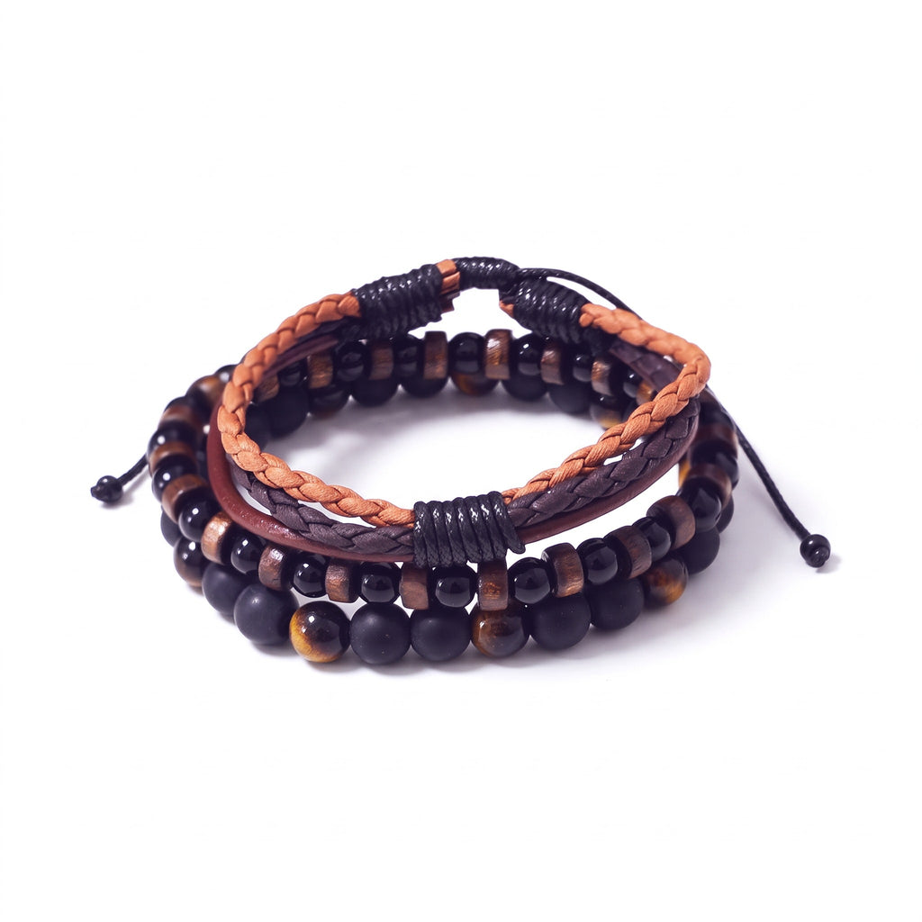 Set de 3 bracelets homme bois, pierres & cuir | Acier inoxydable 316L