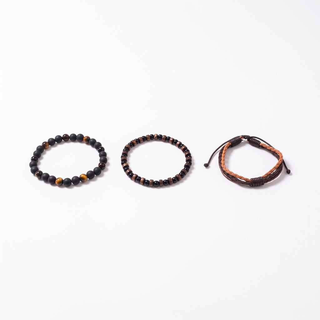 Set de 3 bracelets homme bois, pierres & cuir | Acier inoxydable 316L