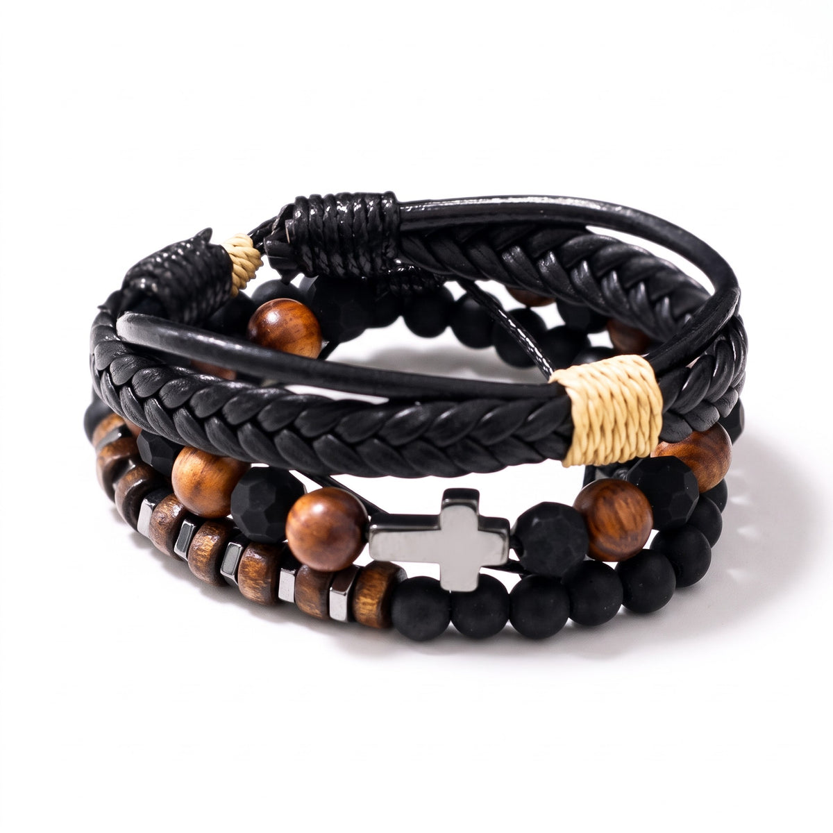 Set de 3 bracelets homme Croix, cuir & pierres | Acier inoxydable 316L