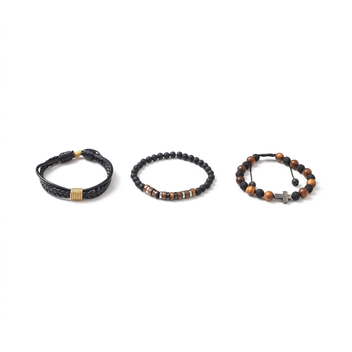 Set de 3 bracelets homme Croix, cuir & pierres | Acier inoxydable 316L