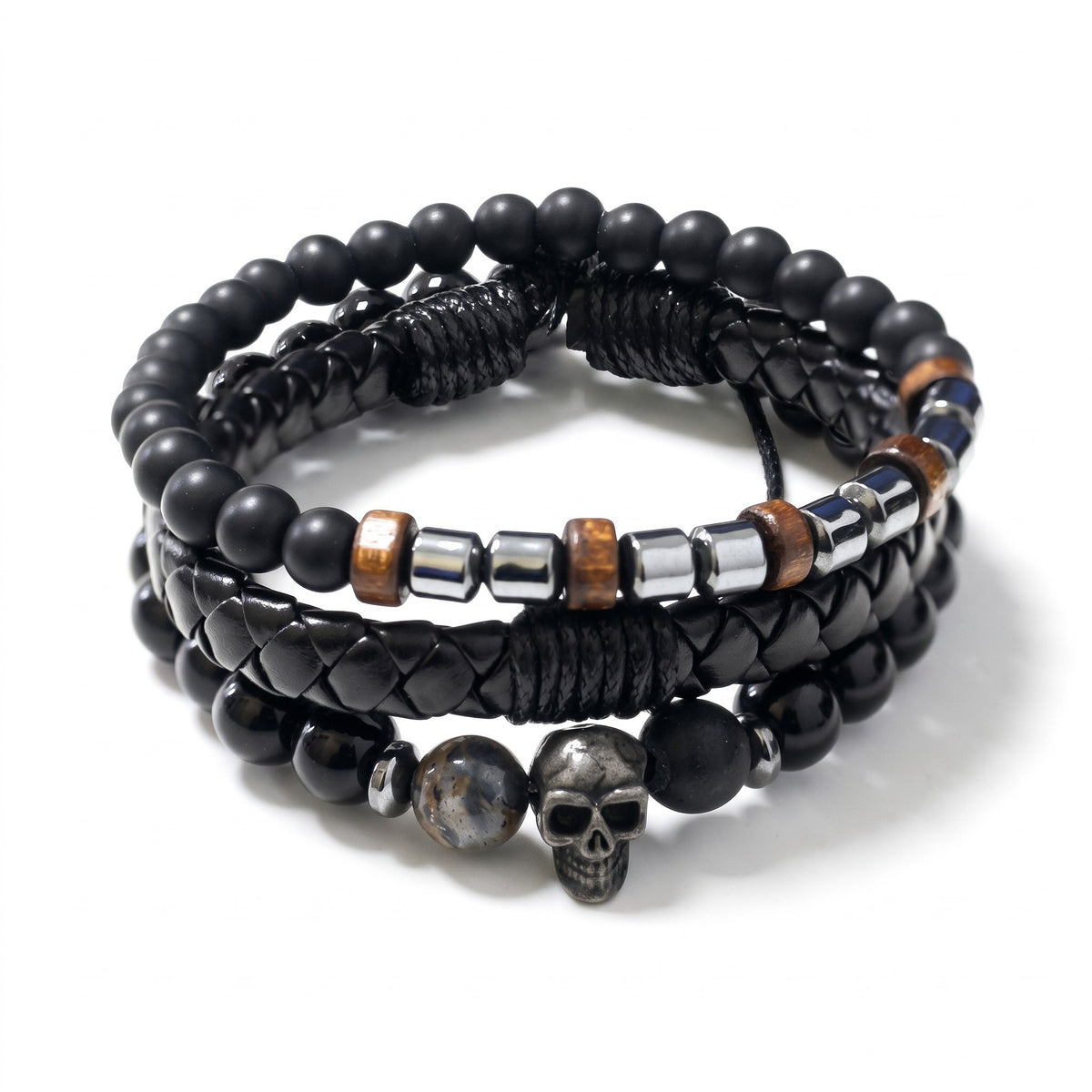 Set de 3 bracelets homme Crâne, cuir & pierres | Acier inoxydable 316L