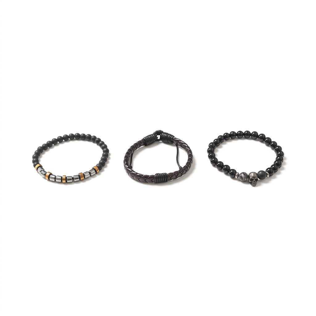 Set de 3 bracelets homme Crâne, cuir & pierres | Acier inoxydable 316L