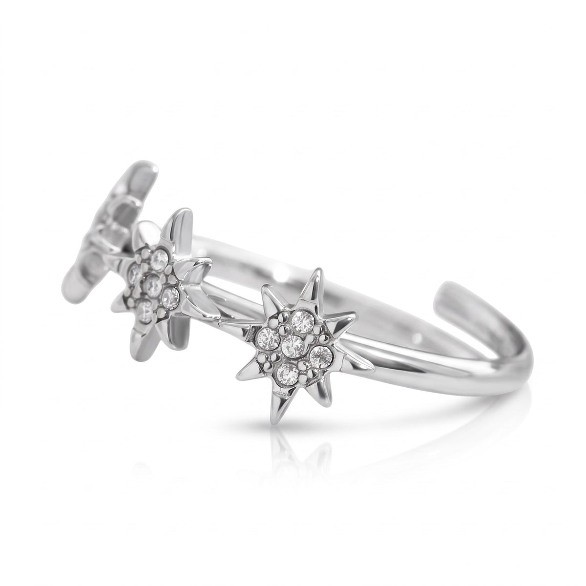 Bague Snow dorée ajustable en acier inoxydable 316L à trois étoiles et strass