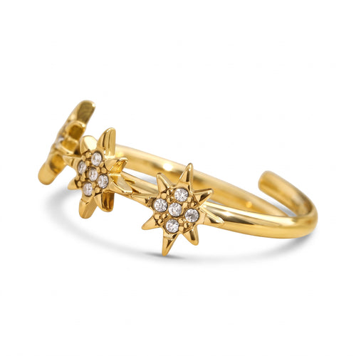 Bague Snow ajustable en acier inoxydable 316L avec trois étoiles serties de strass