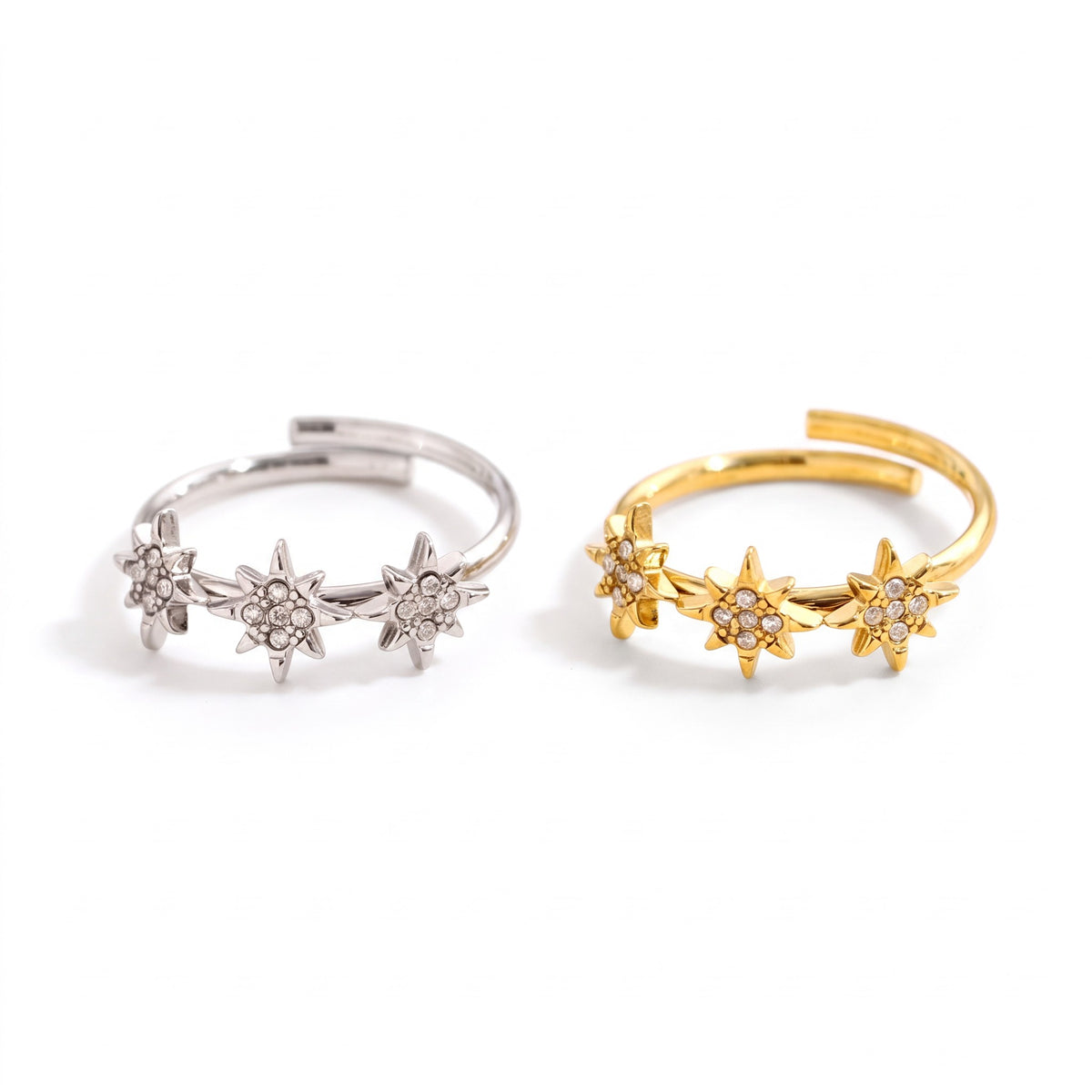 Bague Snow argentée ajustable en acier inoxydable 316L à trois étoiles et strass