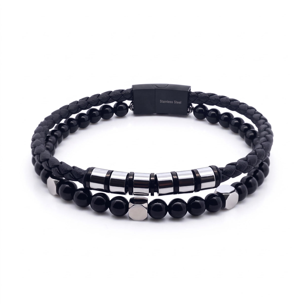 Bracelet homme cuir tressé & perles naturelles | Acier inoxydable 316L