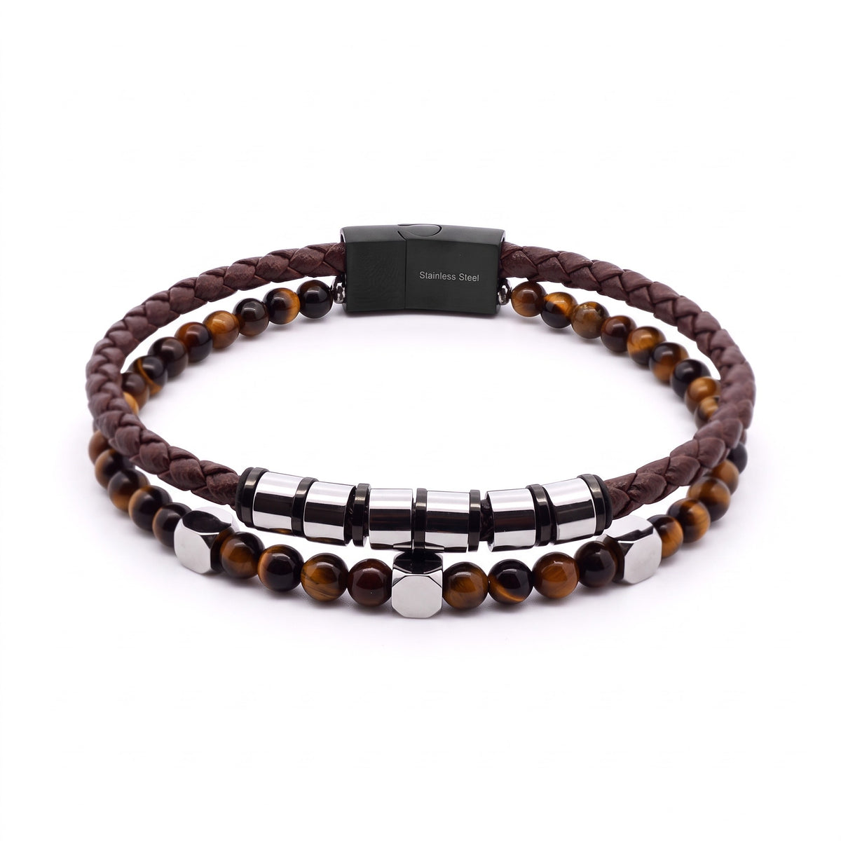 Bracelet homme cuir tressé & perles naturelles | Acier inoxydable 316L
