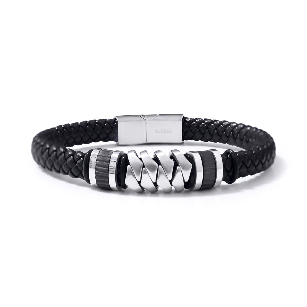 Bracelet homme cuir tressé géométrique | Acier inoxydable 316L