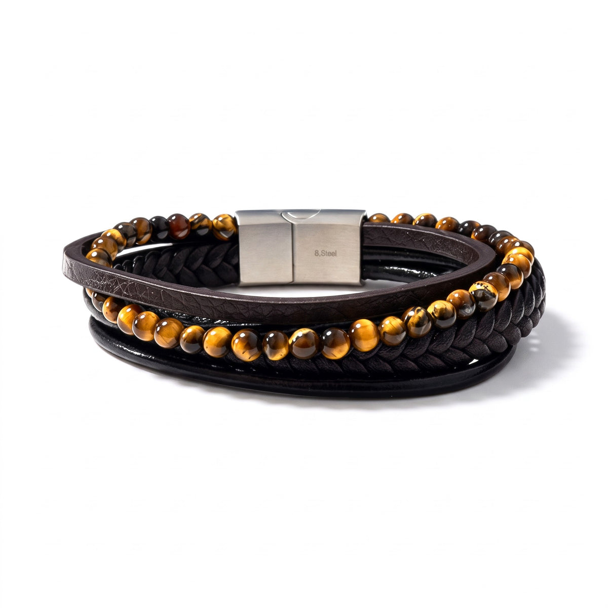 Bracelet homme multirang cuir, Œil de Tigre & Lapis-Lazuli | Acier inoxydable 316L