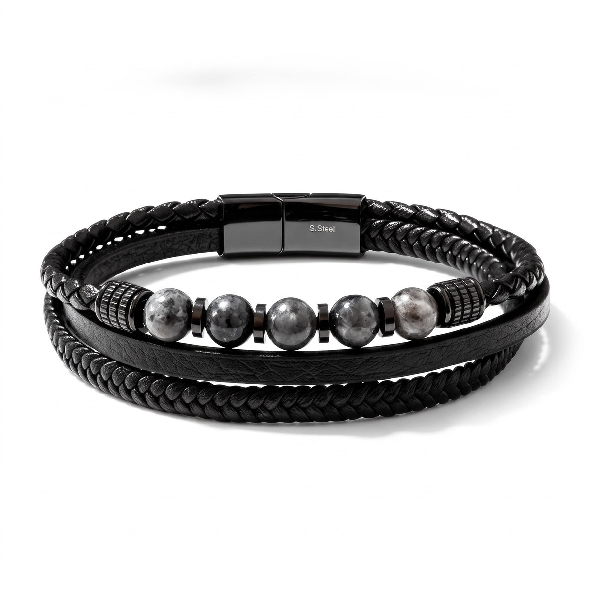 Bracelet homme multirang cuir & labradorite | Acier inoxydable 316L
