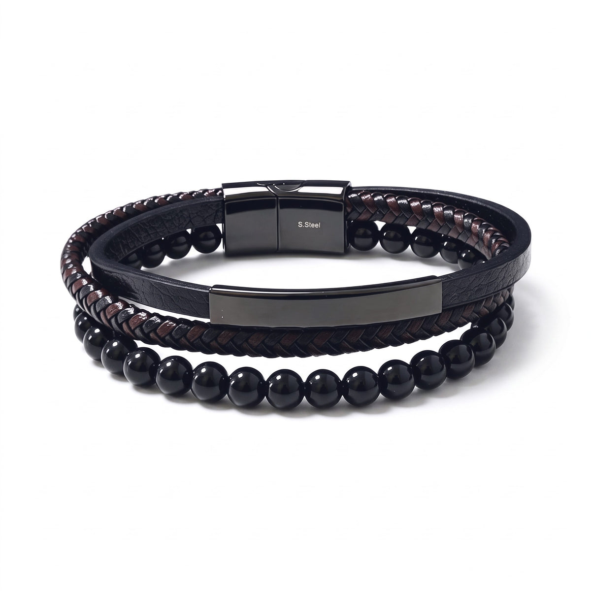 Bracelet homme multirang cuir & onyx | Acier inoxydable 316L