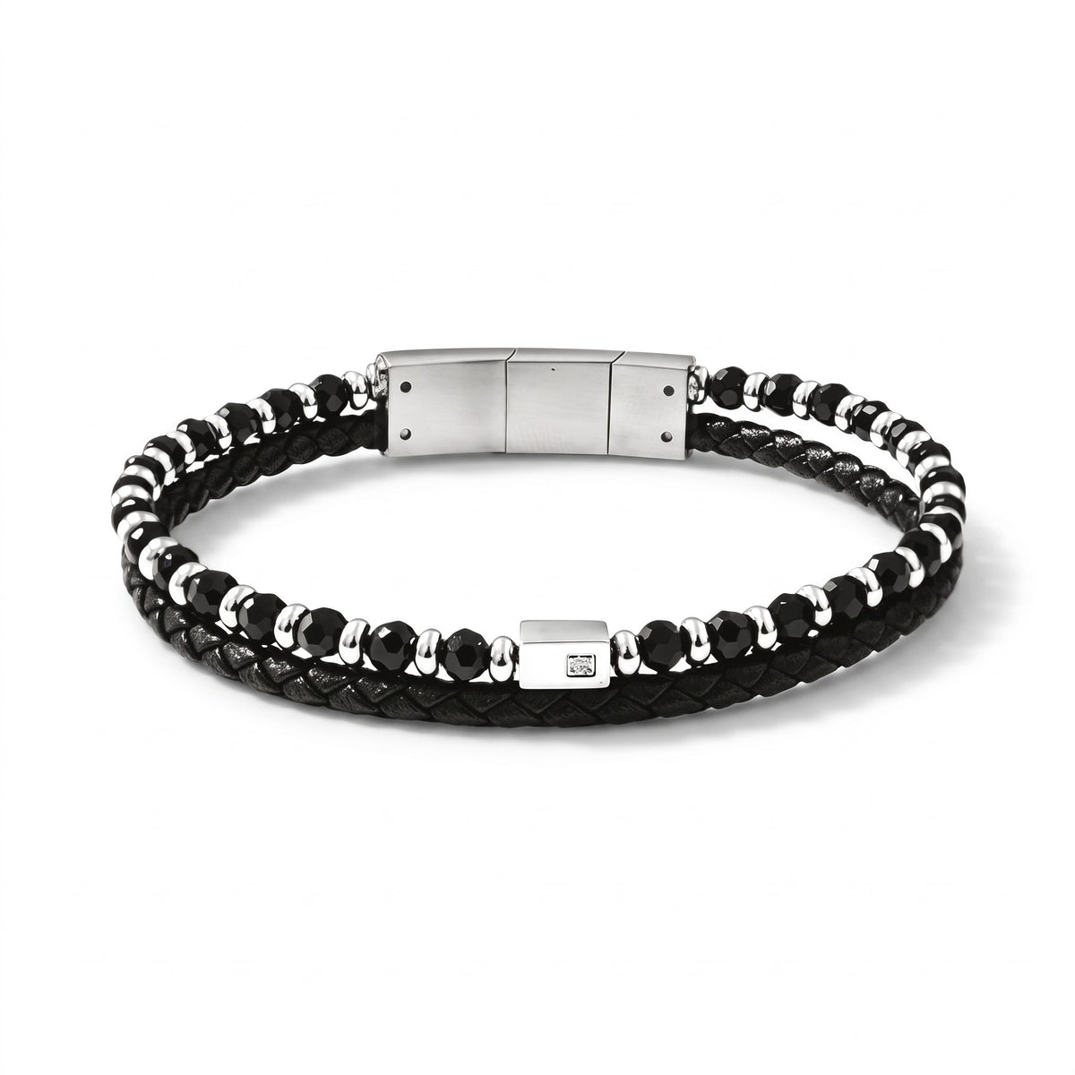 Bracelet homme double rang cuir & cristaux | Acier inoxydable 316L