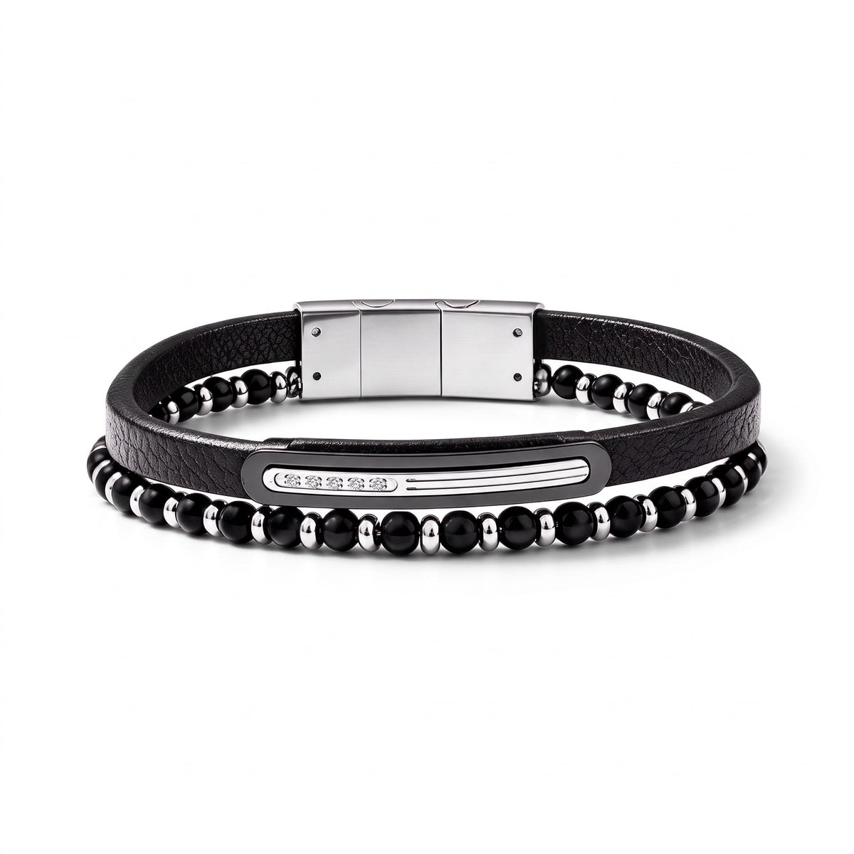 Bracelet homme double tour cuir & onyx | Acier inoxydable 316L