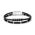 Bracelet homme double rang cuir tressé & onyx | Acier inoxydable 316L