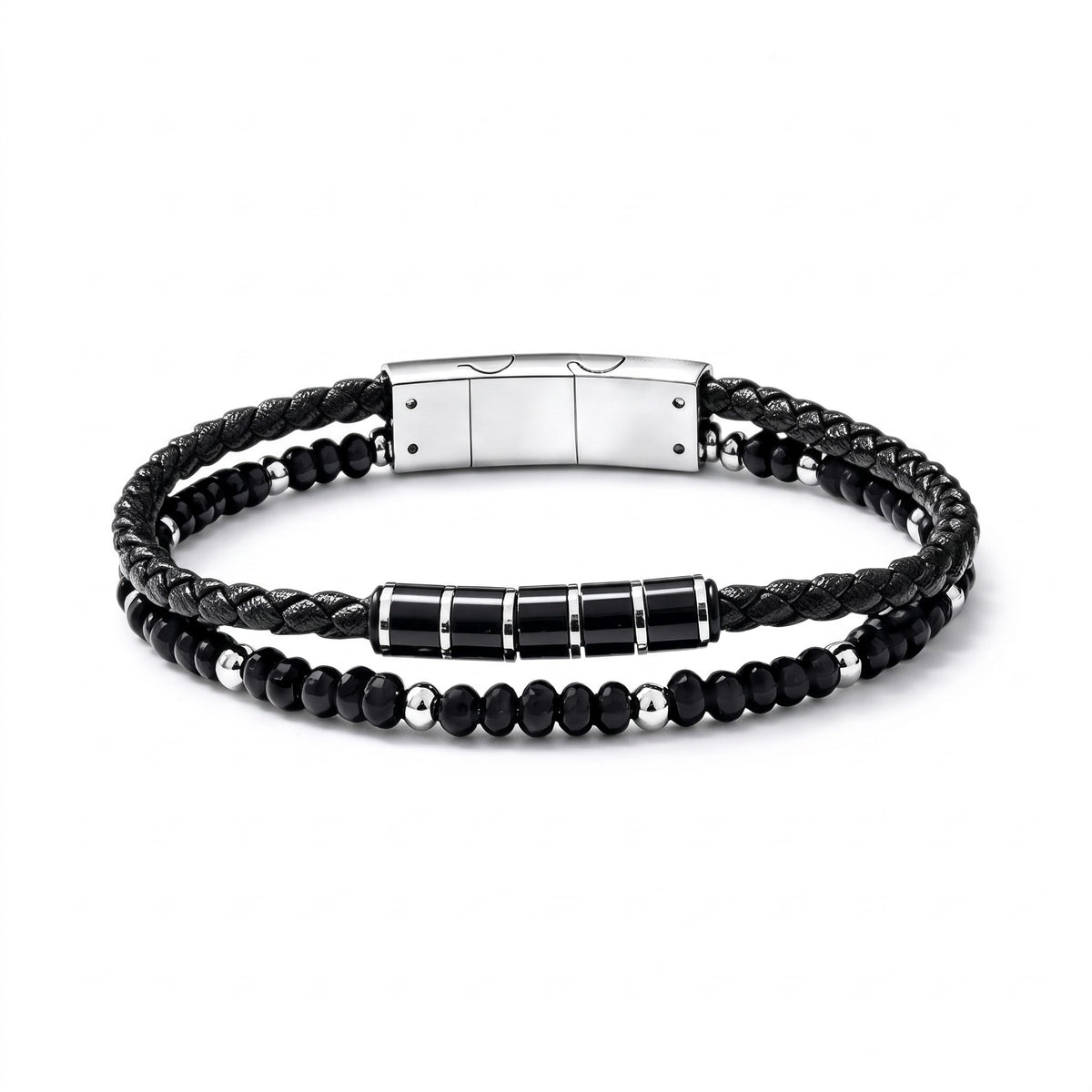 Bracelet homme double rang cuir tressé & onyx | Acier inoxydable 316L