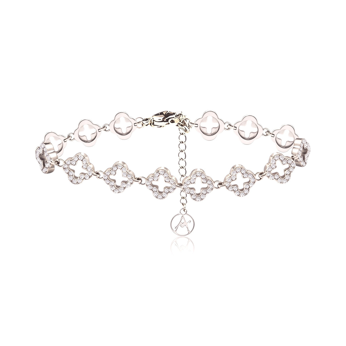 Bracelet collection Trèfle en acier inoxydable 316L à motifs alternés lisses et sertis de strass