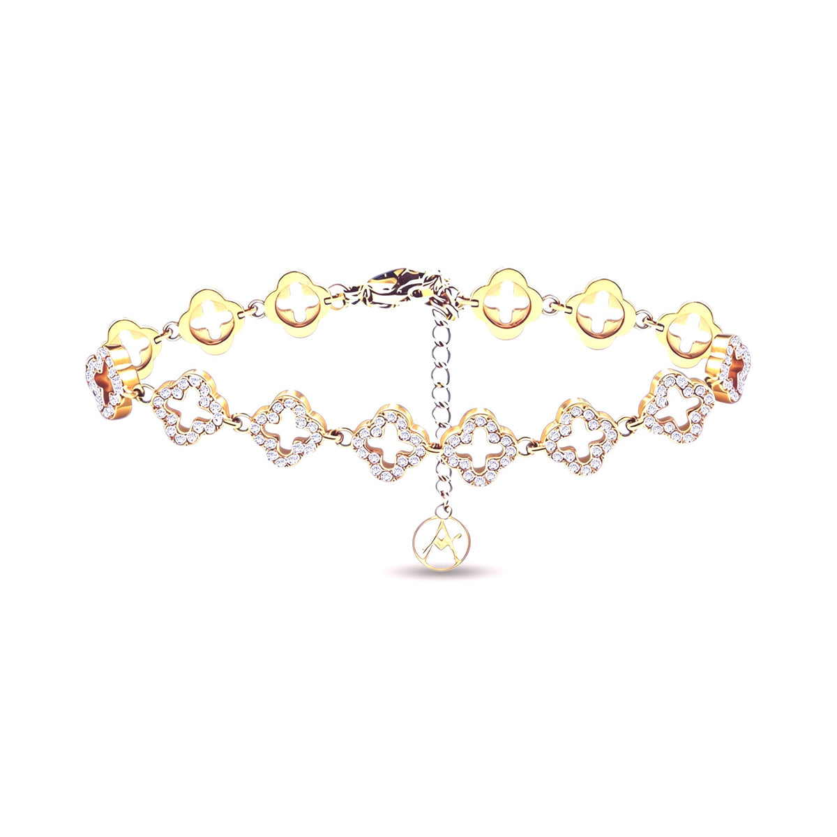 Bracelet collection Trèfle doré en acier inoxydable 316L avec trèfles lisses et trèfles à strass